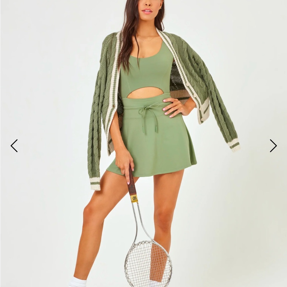 L SPACE Olive Green Mini Skater Skirt One Piece Tie Front
